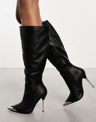 Public Desire Finery Metal Detail Heeled Knee Boots In Black Pu