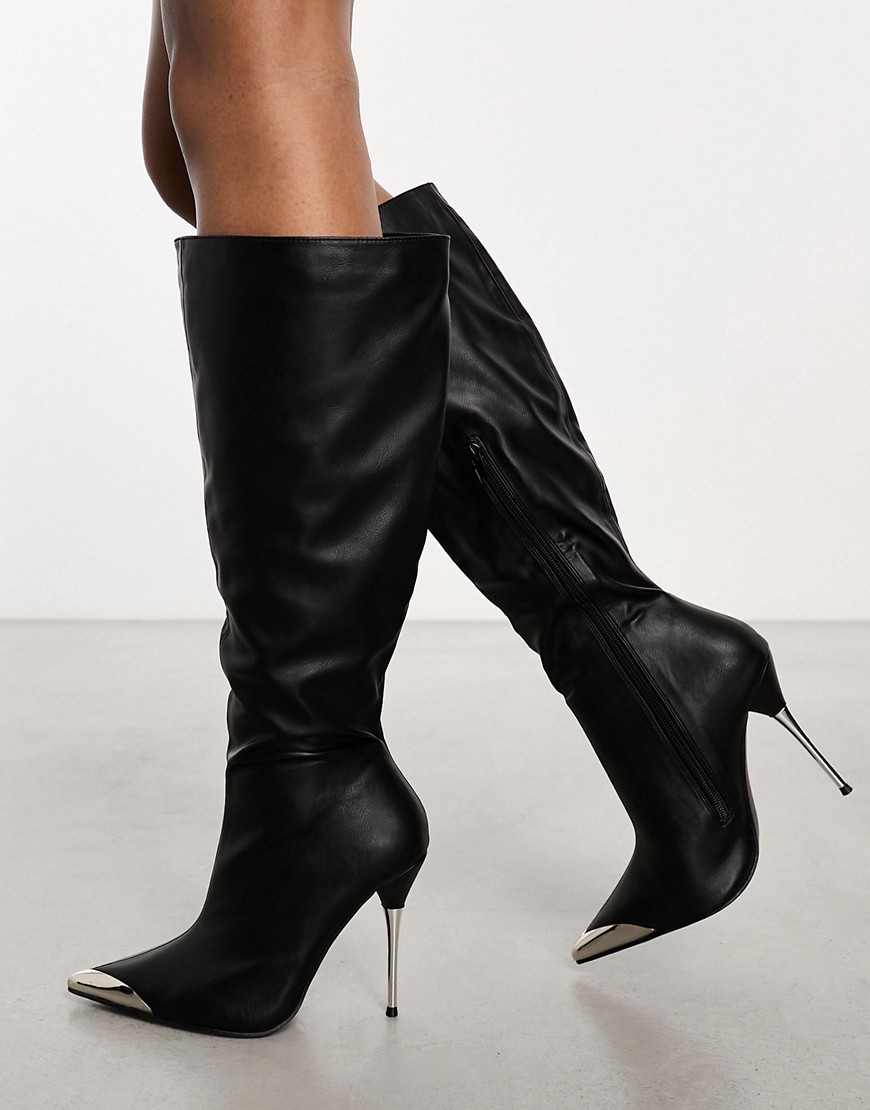 Public Desire Finery Metal Detail Heeled Knee Boots In Black Pu
