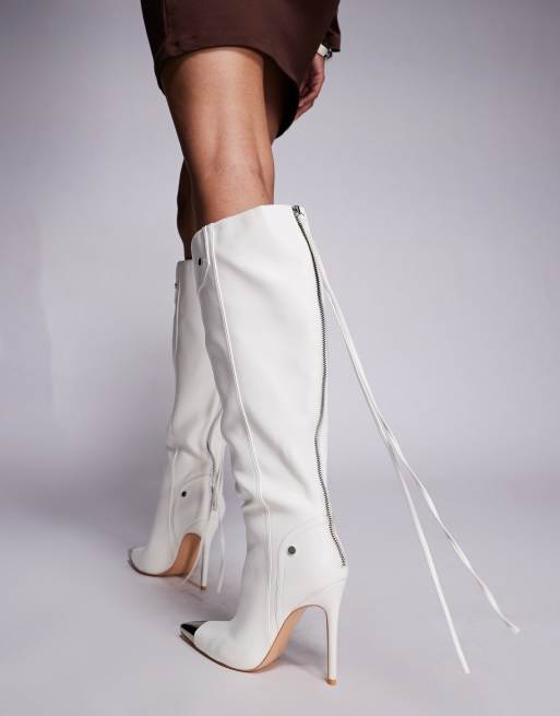 Public Desire Finest stiletto heel knee boots with pointed metal toe in white, 3 of 4