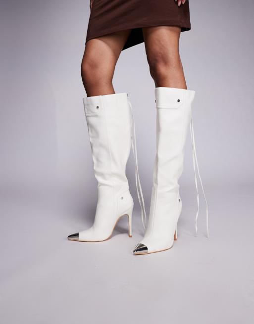 Public Desire Finest stiletto heel knee boots with pointed metal toe in white, 4 of 4