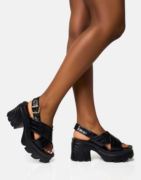 Public Desire Flare cross strap chunky mid heel sandals in black - view 1