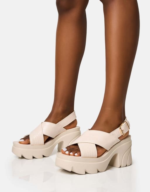 Public Desire Flare cross strap chunky mid heel sandals in white
