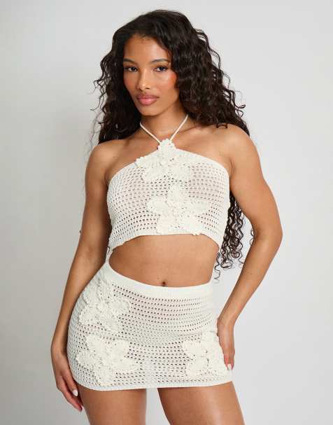 Public Desire Floral embroidered crochet crop top co ord in ivory - view 1