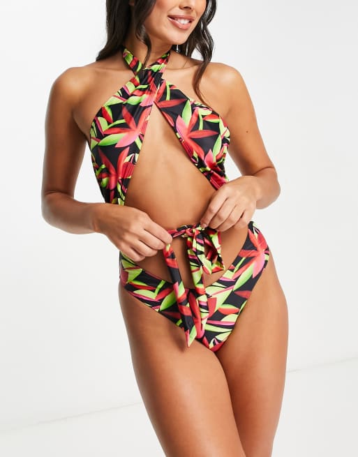 South Beach wrap swimsuit in tropical abstract print