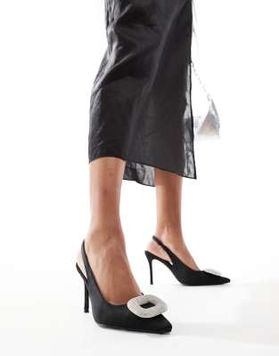 Floss embellished trim heeled slingback shoes in black satin