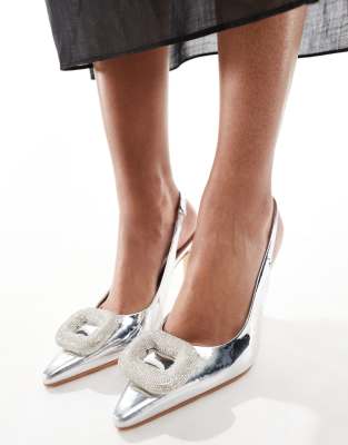 Public Desire - Floss - Verzierte Slingback-Schuhe in Silber-Metallic aus Satin mit Absatz