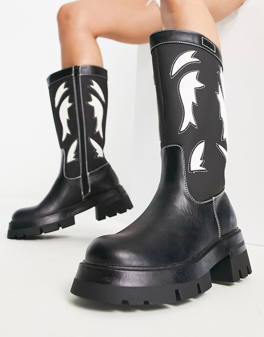 Public Desire Fly Away chunky flat knee boots with western design-Multi