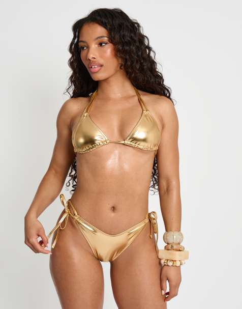 Public Desire Foiled bikini bottom with adjustable sides in gold - view 1