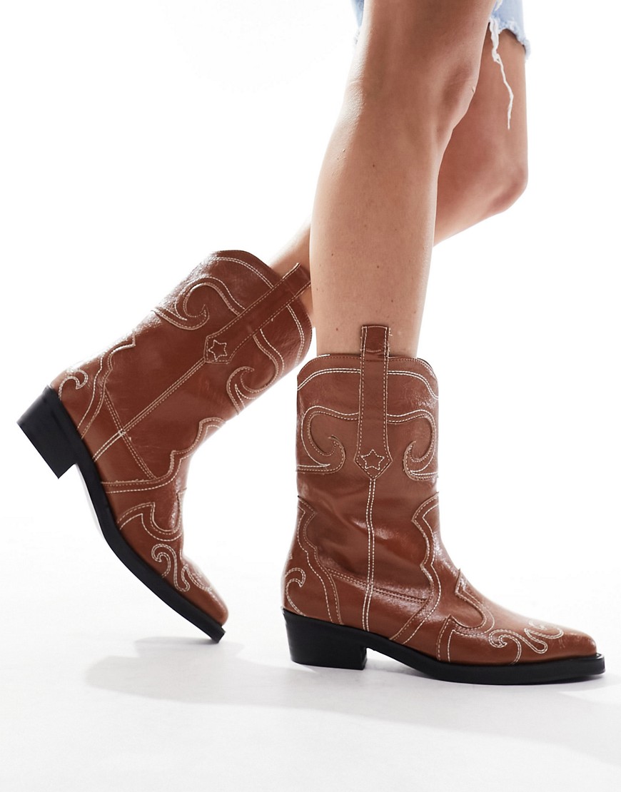 Public Desire Folklore ankle western boot in tan-Brown