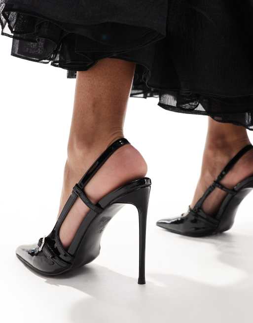 Public Desire Forget Me Not sling back pointed heeled shoes in black patent, 3 of 4