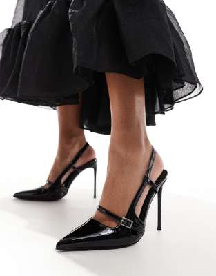 Forget Me Not slingback pointy toe heeled shoes in black patent