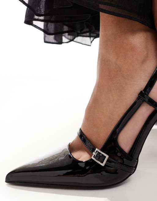 Public Desire Forget Me Not Spitze Slingback Schuhe in schwarzer Lackoptik mit Absatz