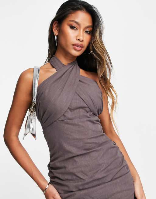 Public Desire - Forvasket brun draperet minikjole med halterneck, 3 af 4