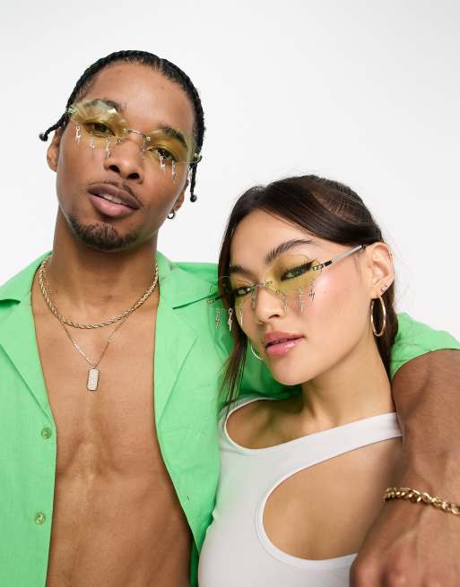 Public Desire frameless cloud sunglasses with lightening embellishment in neon yellow 