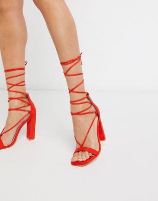 Public Desire Frankie ankle tie block heeled sandal in red | ASOS