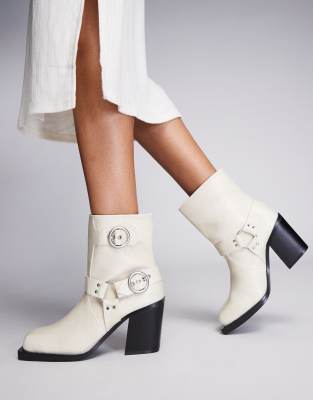 Public Desire Freak heeled ankle biker boot in cream-White