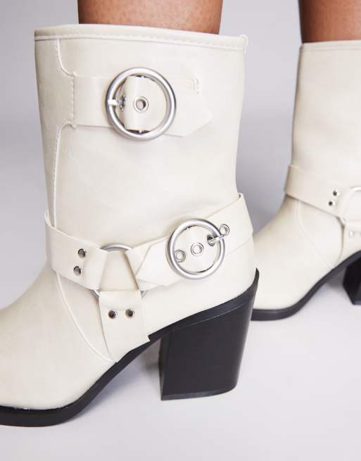 Public Desire Heeled Ankle Moto Boots in cream White
