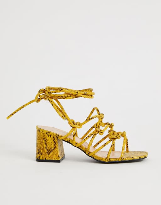 Public Desire Freya bright yellow snake tie up sandals