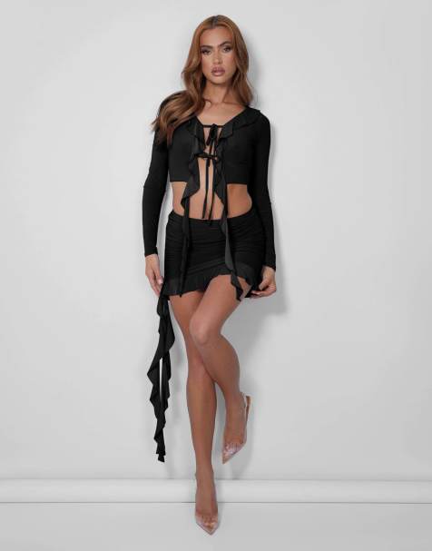 Public Desire Frill detail ruched mini skirt in black