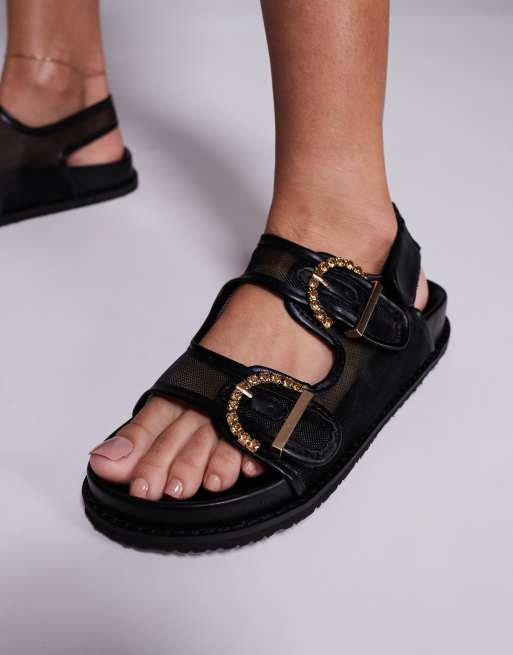 Public Desire Fuda embellished buckle flat sandals in black mesh, 4 of 4