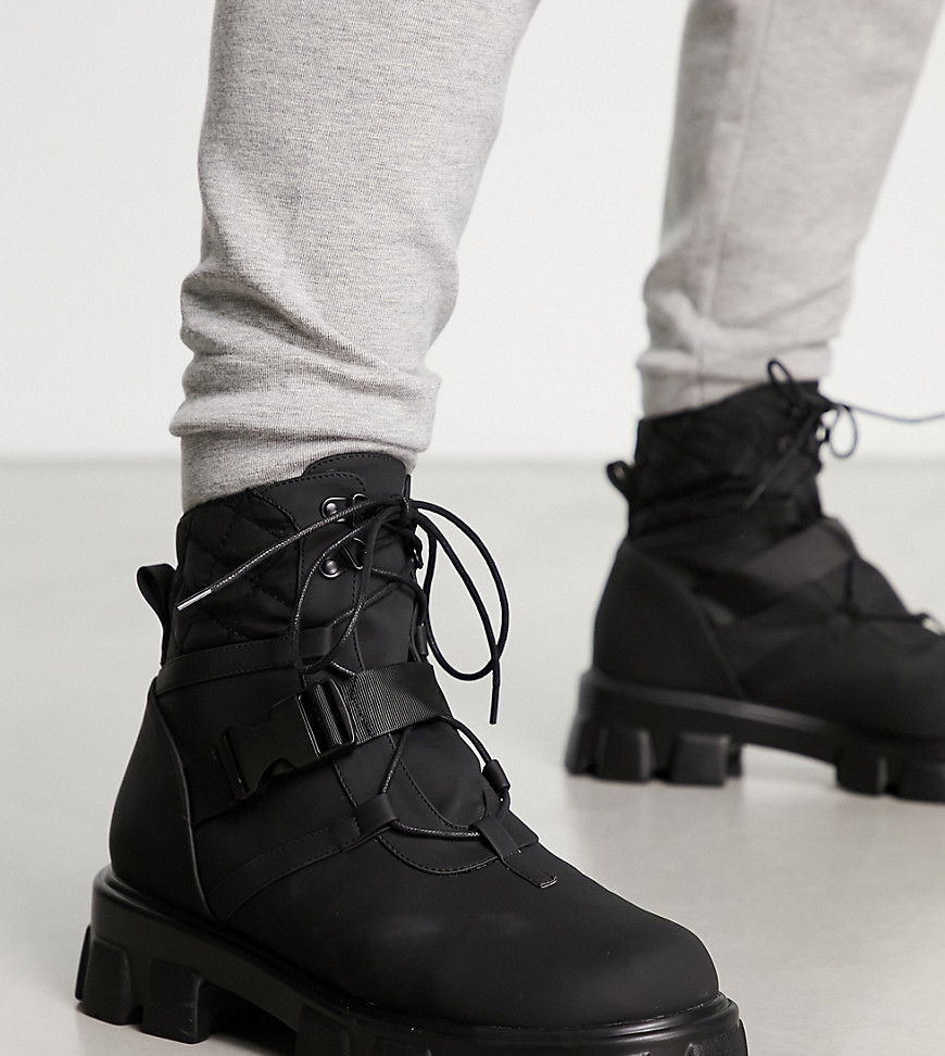 Public Desire garrison buckle strap quilted lace up boots in black