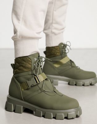 Public Desire garrison buckle strap quilted lace up boots in khaki