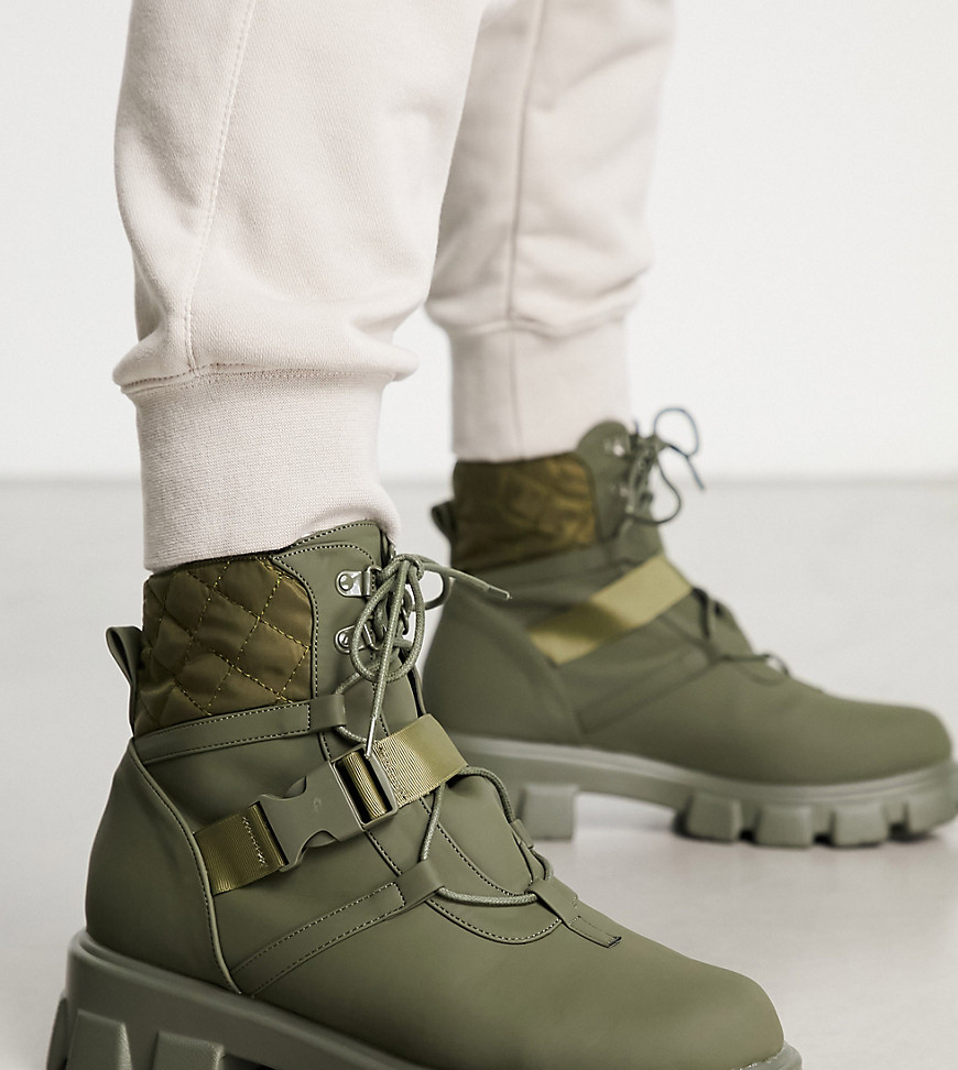Public Desire Garrison buckle strap quilted lace-up boots in khaki-Green