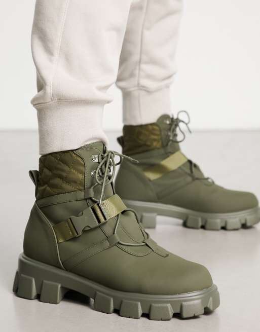 Public Desire Garrison buckle strap quilted lace-up boots in khaki