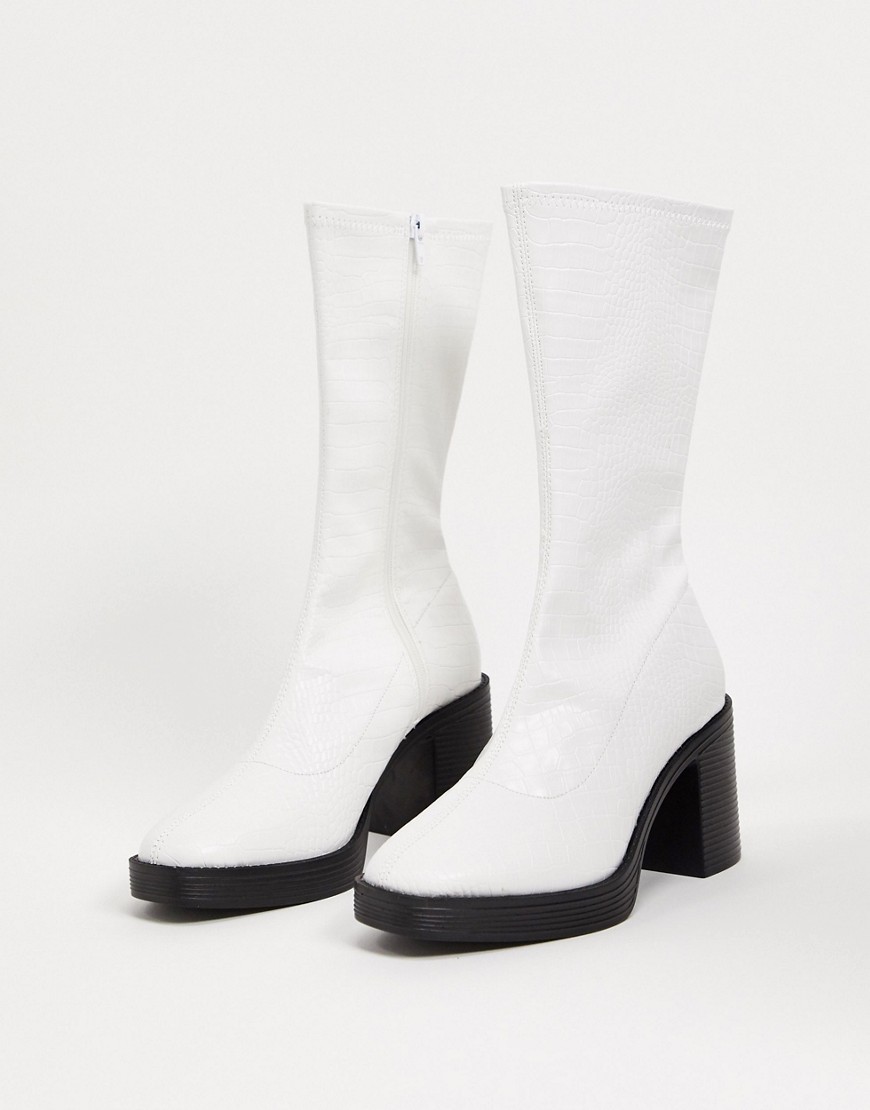 Public Desire Generate Chunky Sock Boots In White Faux Croc