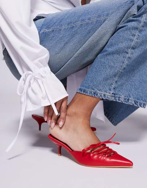 Public Desire Geneva pointed kitten heel mules with lace up in red - view 1