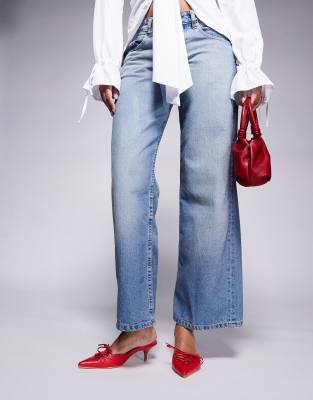 Public Desire Geneva Pointed Kitten Heel Mules With Lace Up In Red