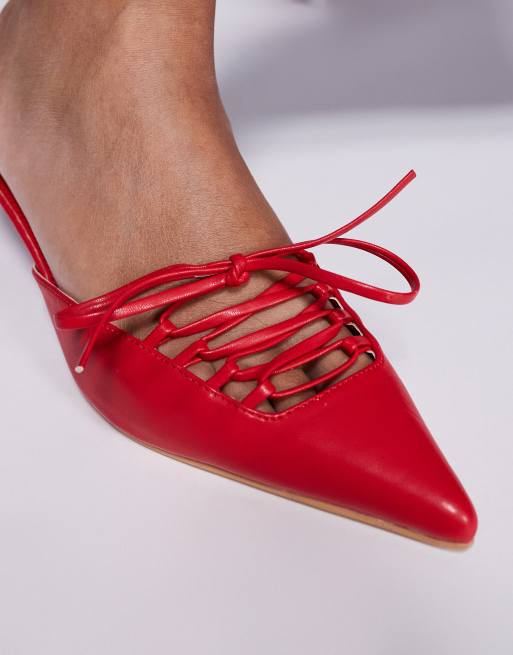 Public Desire Geneva pointed kitten heel mules with lace up in red, 3 of 4