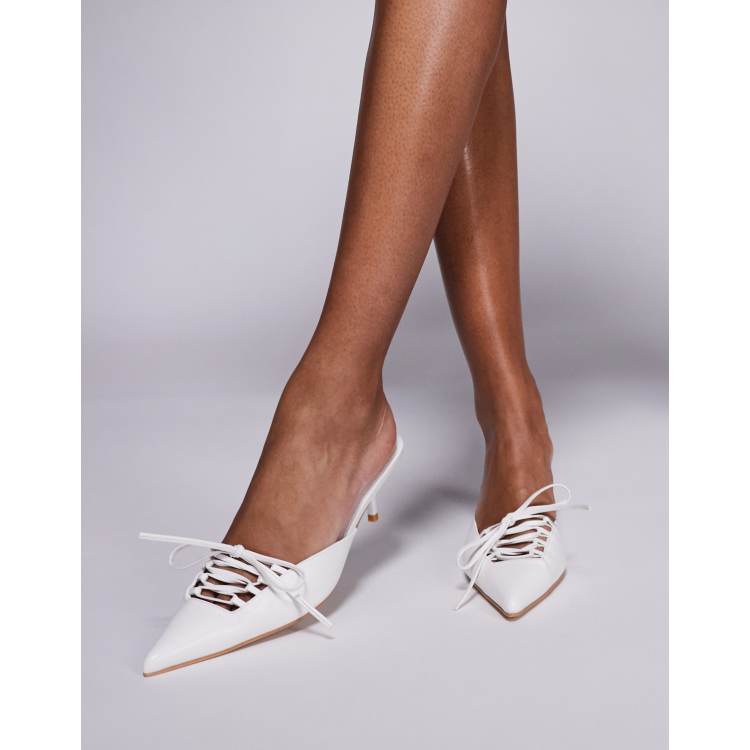 Public Desire Geneva pointed kitten heel mules with lace up in