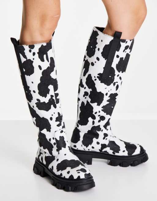 Cow print knee hot sale high boots