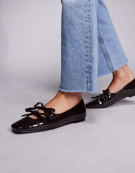 Public Desire Ginger square toe ballet flats in brown patent - view 1