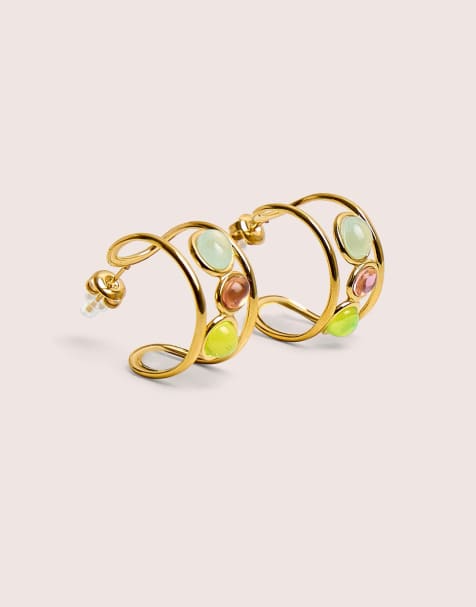 Public Desire Gold plated hoop earrings with resin stones in gold - view 1