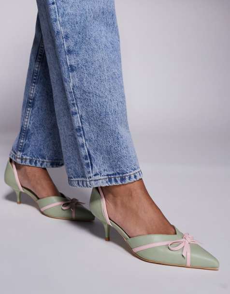Public Desire Goldberg kitten heel mules with bow in sage - view 1