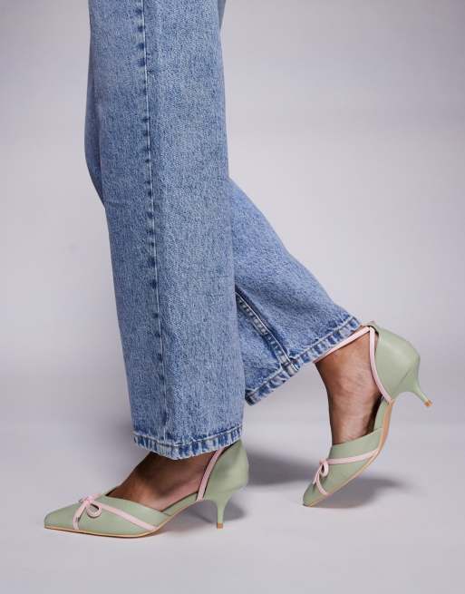 Public Desire Goldberg kitten heel mules with bow in sage