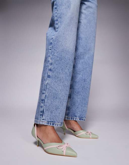 Public Desire Goldberg kitten heel mules with bow in sage