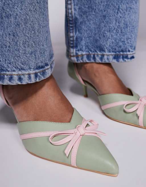 Public Desire Goldberg kitten heel mules with bow in sage