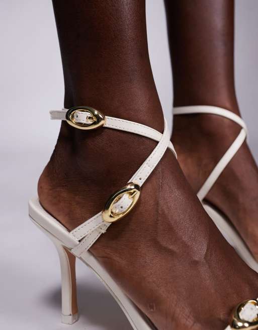 Public Desire Grand buckle barely there heeled sandals in cream, 3 of 4