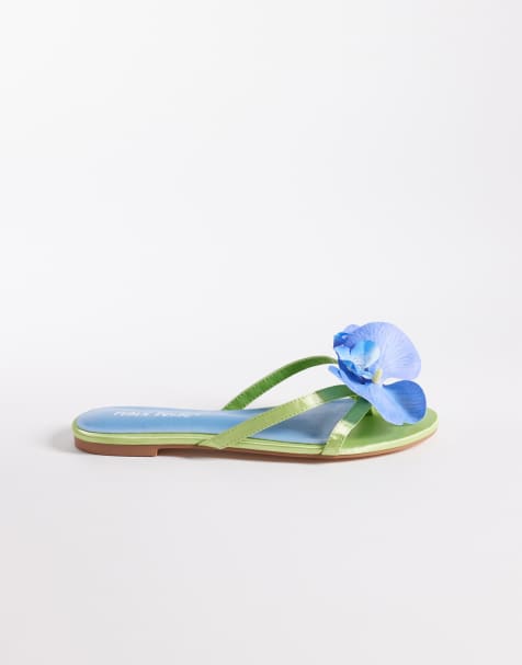 Public Desire – Gröna och blå, platta sandaler med magnoliablommor i 3D-design - view 1