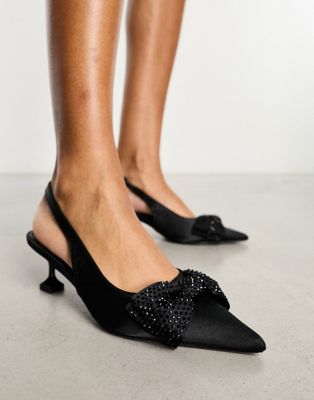 Public Desire Guest List kitten heeled shoes with embellished bow in black - ASOS Price Checker