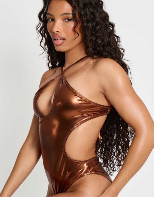 Public Desire Halter neck cut out swimsuit in choc brown, 2 of 4