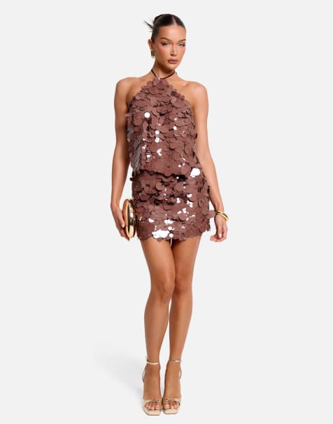 Public Desire Halterneck large disc sequin co ord crop top in brown - view 1