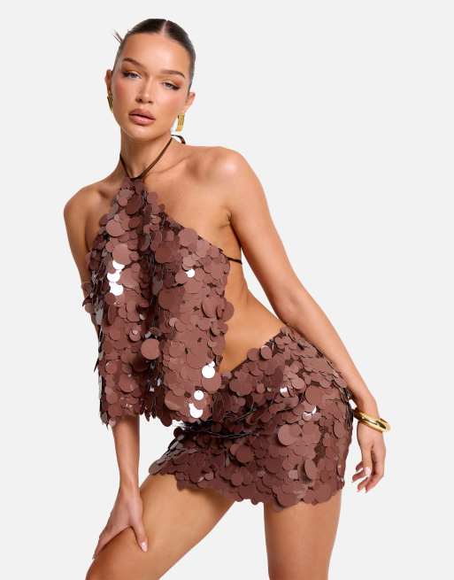 Public Desire Halterneck large disc sequin co ord crop top in brown, 2 of 4