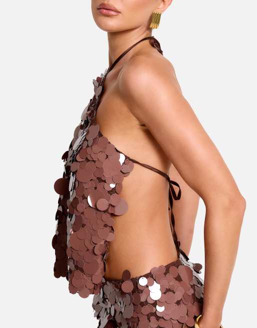 Public Desire Halterneck large disc sequin co ord crop top in brown, 3 of 4