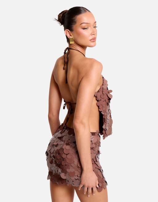 Public Desire Halterneck large disc sequin co ord crop top in brown, 4 of 4