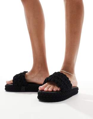 Public Desire Hattie Woven Flat Slides In Black