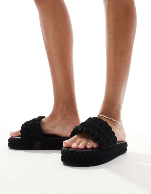Public Desire Hattie woven flat slides in black